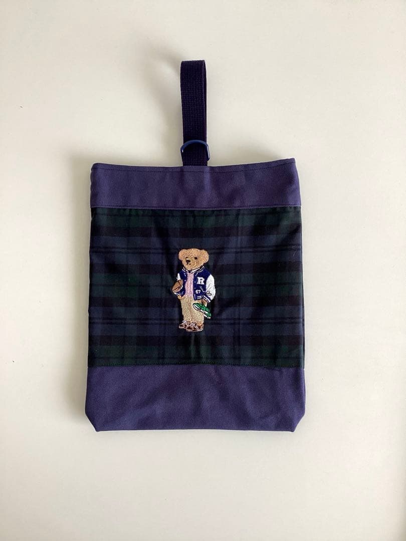 タータンチェックのテディベア刺繍①柄⭐︎手提げトート・体操服袋・上履き入れ