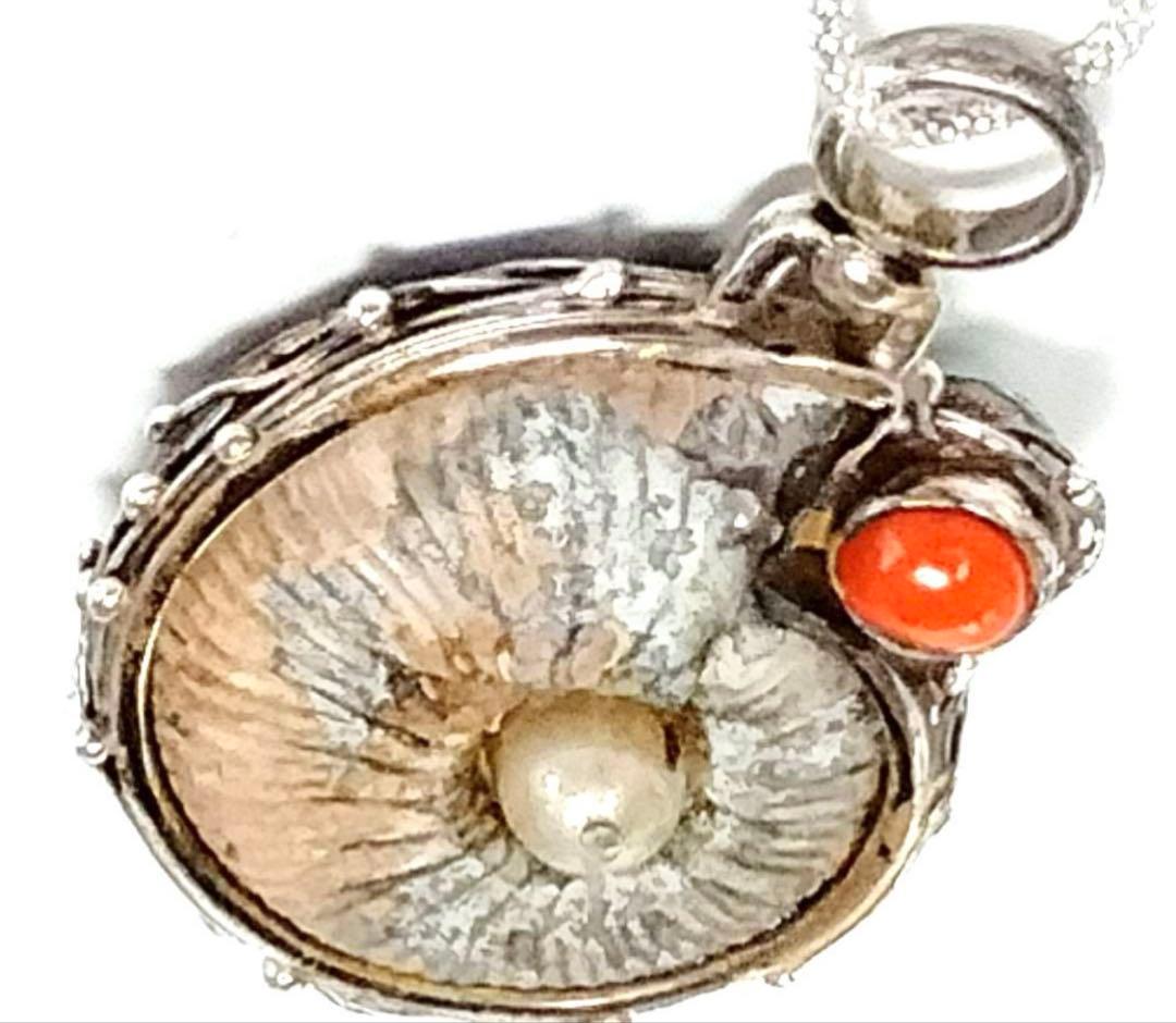 アンモナイト化石　パール　ターコイズ　ハンドメイド　シルバー　ペンダントトップ