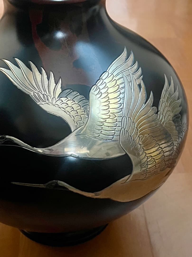 花器・花瓶・飾壺 双鶴彫金 真峰作 青銅(ブロンズ)製 高岡銅器