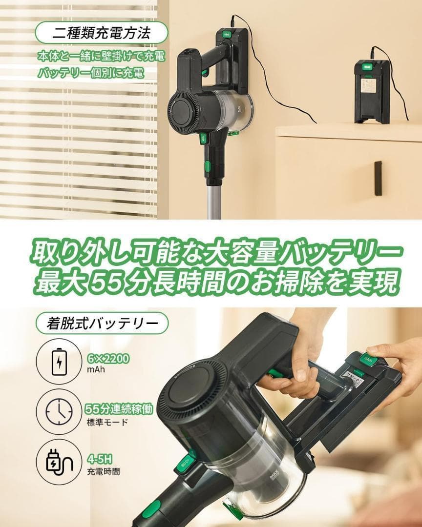 R1523-63-140】コードレス掃除機　42KPa強力吸引　55分間連続稼働