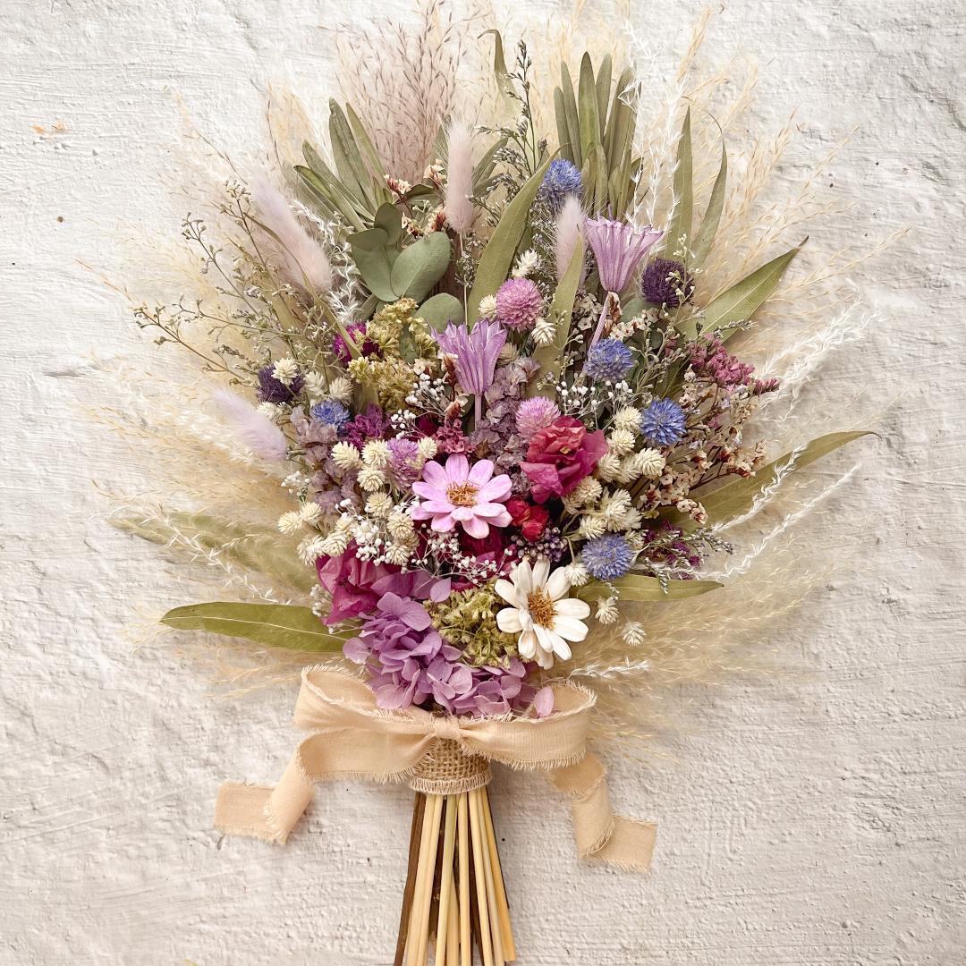 ウェディングブーケ ブートニア付きくすみピンクパープル ナチュラルドライフラワー