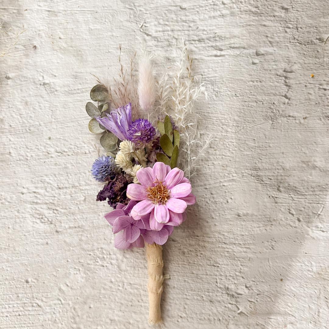 ウェディングブーケ ブートニア付きくすみピンクパープル ナチュラルドライフラワー