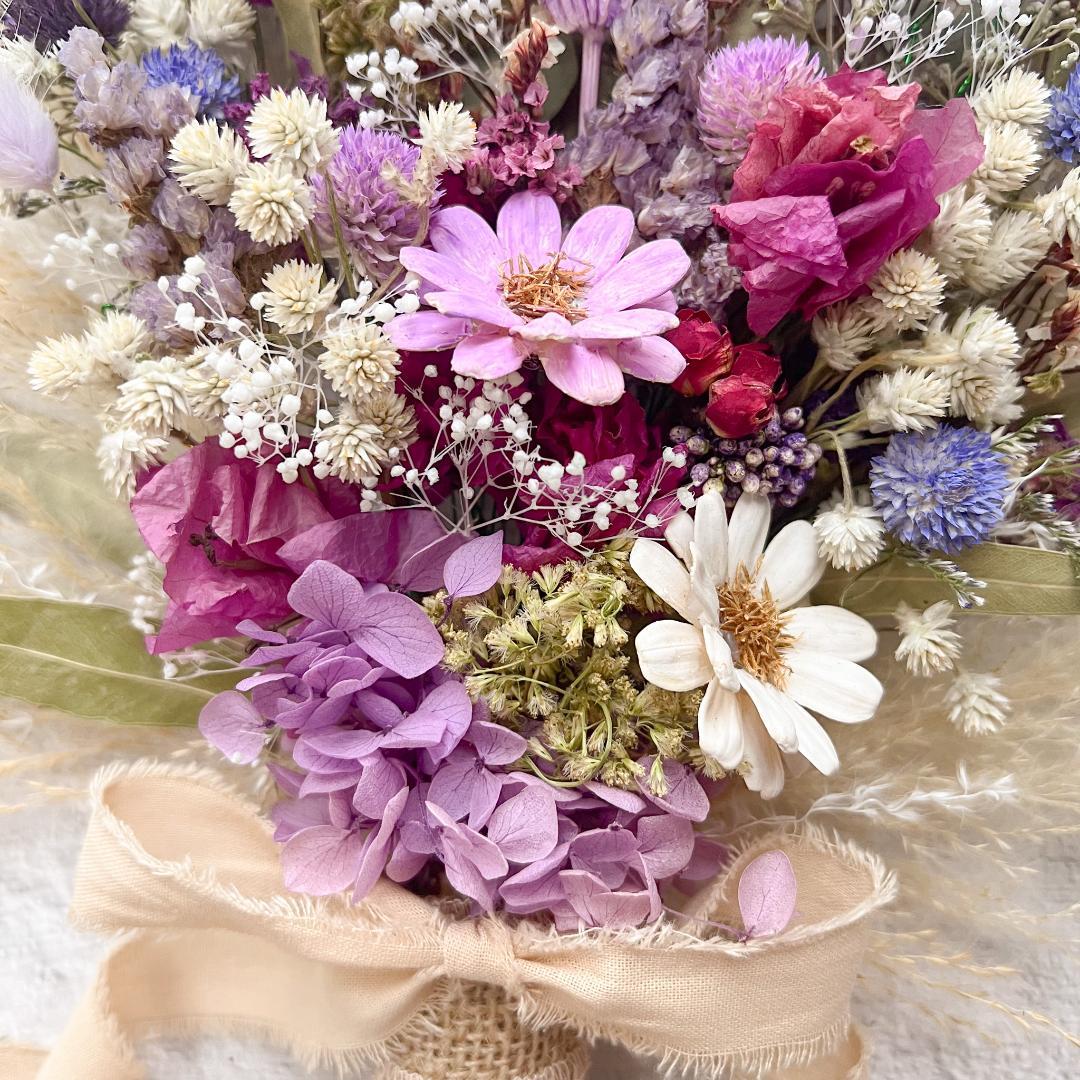 ウェディングブーケ ブートニア付きくすみピンクパープル ナチュラルドライフラワー
