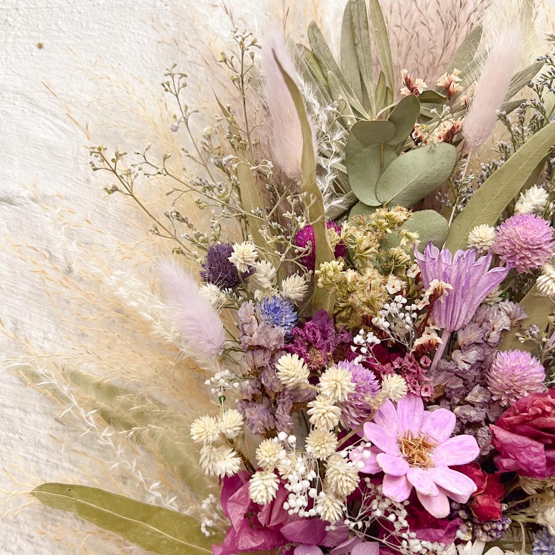 ウェディングブーケ ブートニア付きくすみピンクパープル ナチュラルドライフラワー