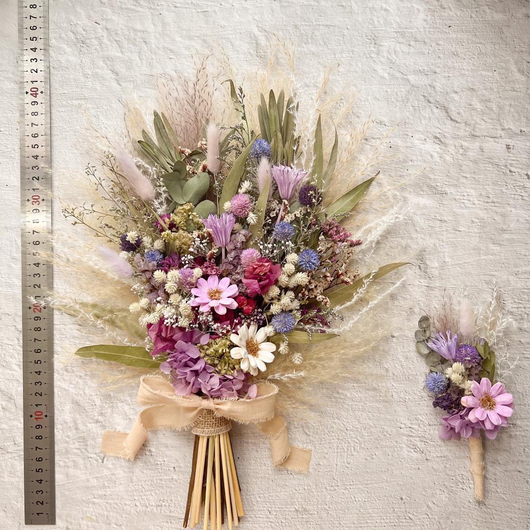 ウェディングブーケ ブートニア付きくすみピンクパープル ナチュラルドライフラワー