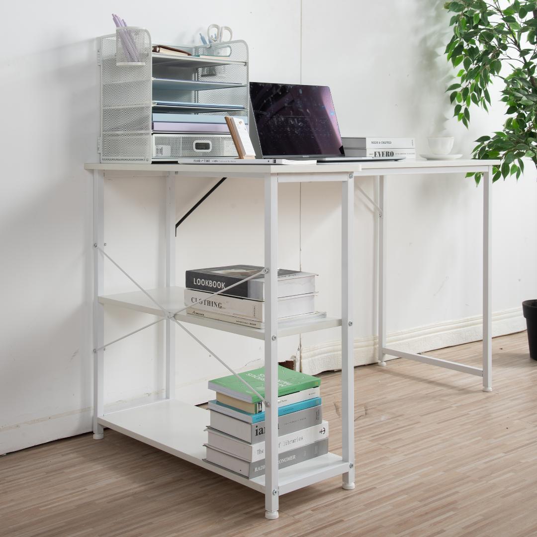 【ホワイト】パソコンデスク L字　120cm　2段ラック付 デスク木製 ミシン台