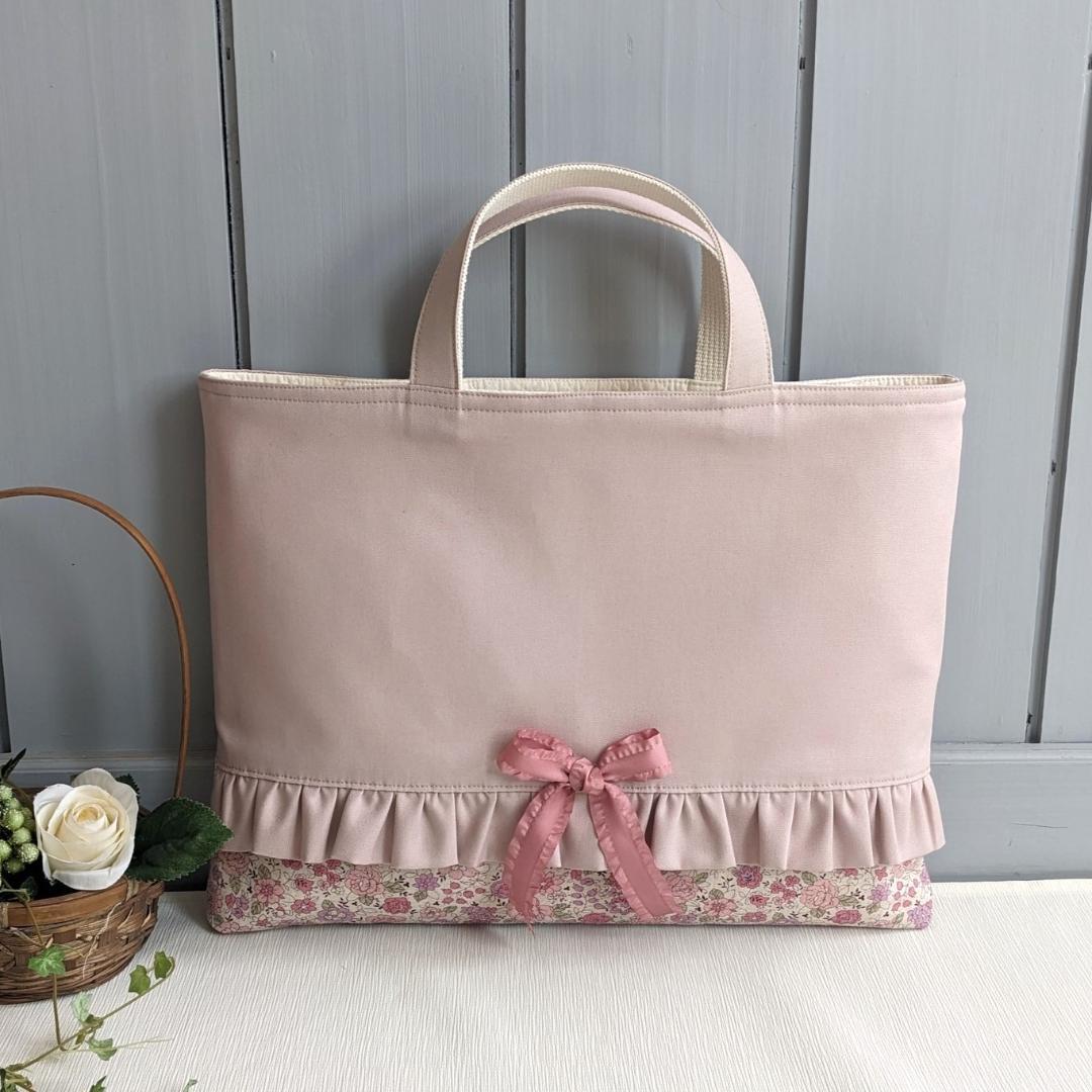 くすみピンク×花柄 入園入学3点セット サテンリボン レッスンバッグ お祝い