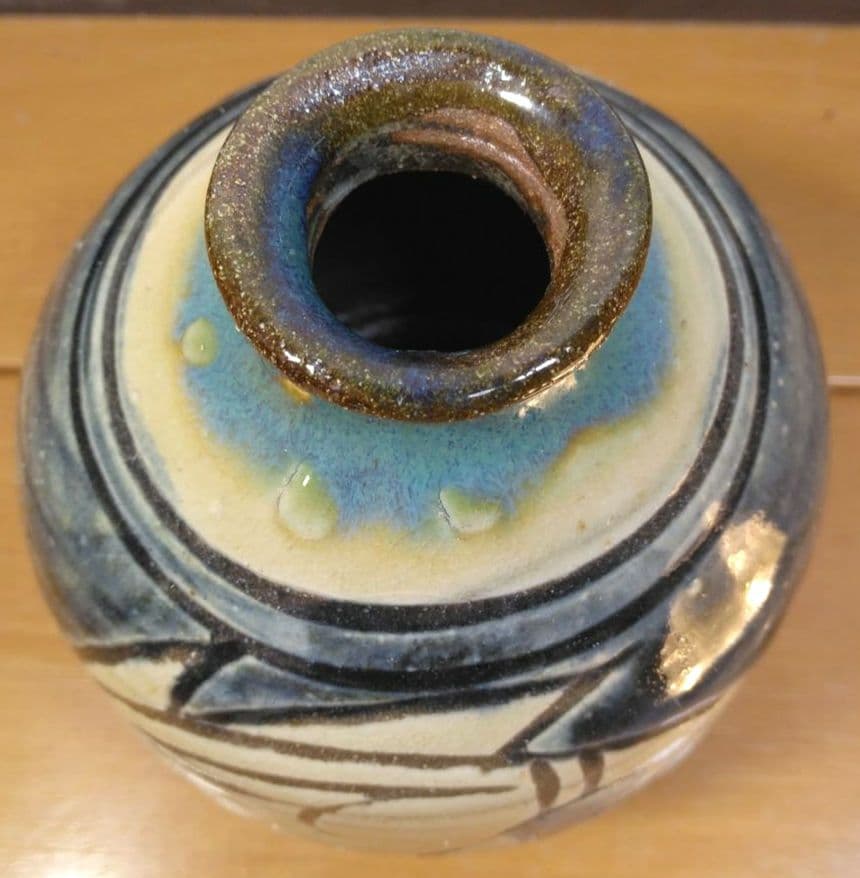 人間国宝 金城次郎 徳利 栞 共箱(本人書付) 美品 笑魚,魚紋徳 壷屋焼