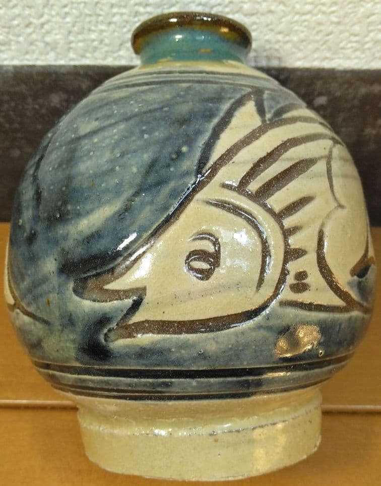 人間国宝 金城次郎 徳利 栞 共箱(本人書付) 美品 笑魚,魚紋徳 壷屋焼