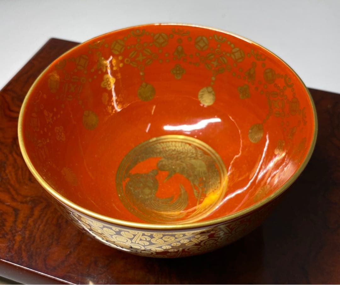 【茶道具】加藤城山造　金襴手葵紋茶碗（共箱）