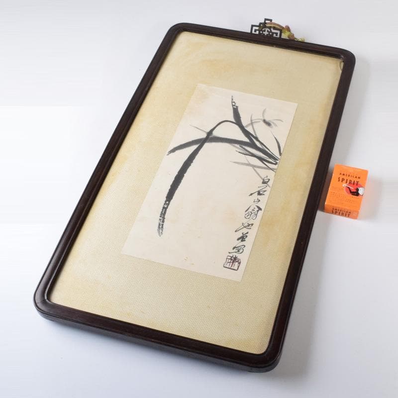 中国　斉白石　水墨画　花草図　工芸印刷　時代唐木雲板額　N　7624A