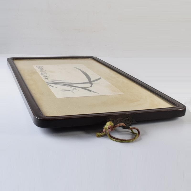 中国　斉白石　水墨画　花草図　工芸印刷　時代唐木雲板額　N　7624A