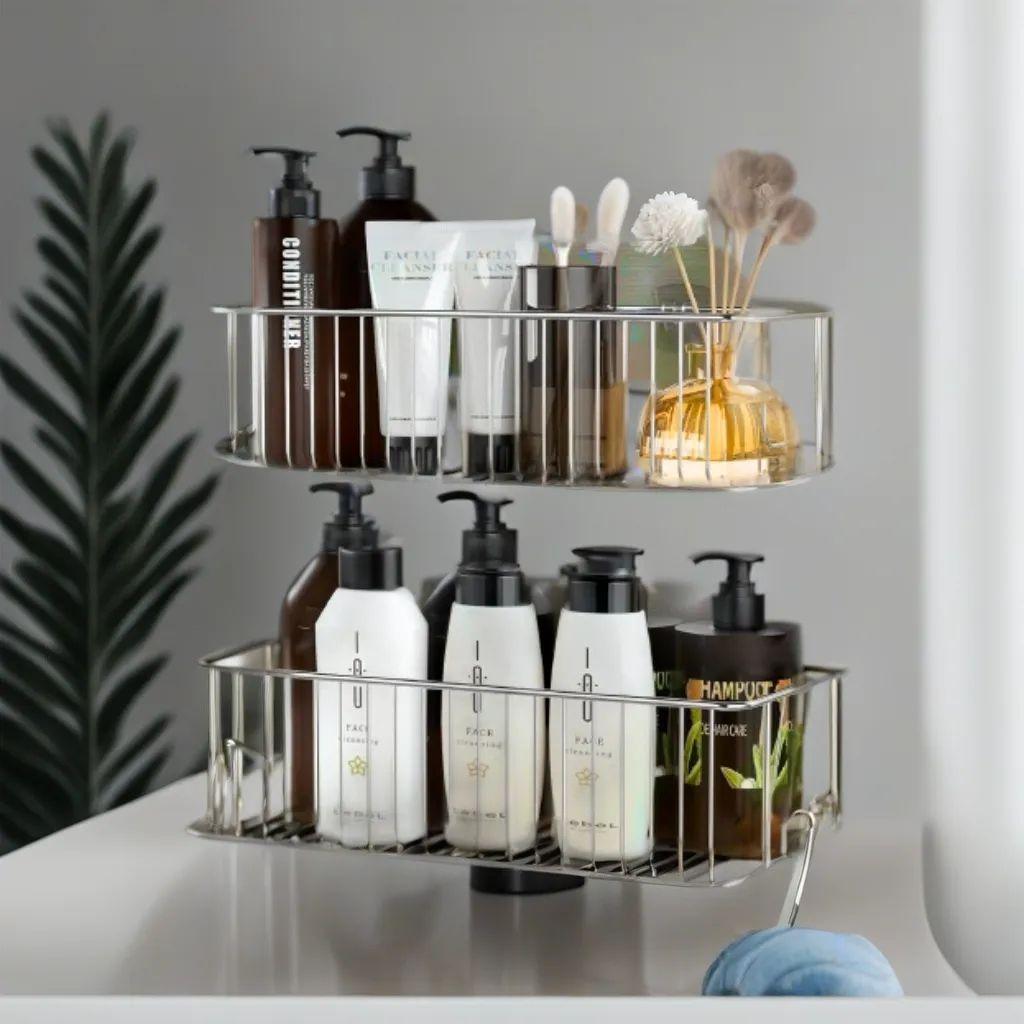 強力粘着固定の浴室用ラック 2段式 収納力抜群 ステンレス製 タオルハンガー付き