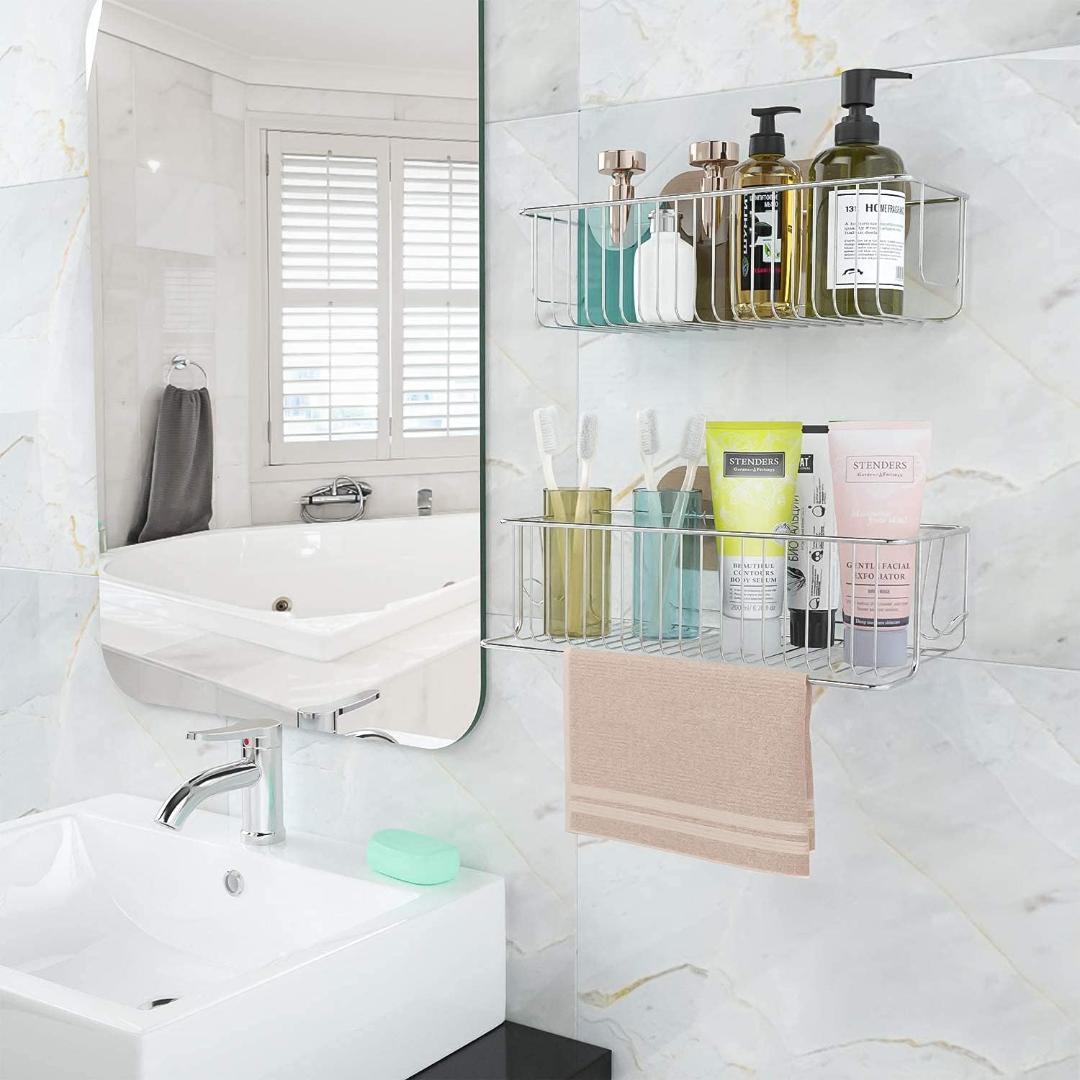 強力粘着固定の浴室用ラック 2段式 収納力抜群 ステンレス製 タオルハンガー付き