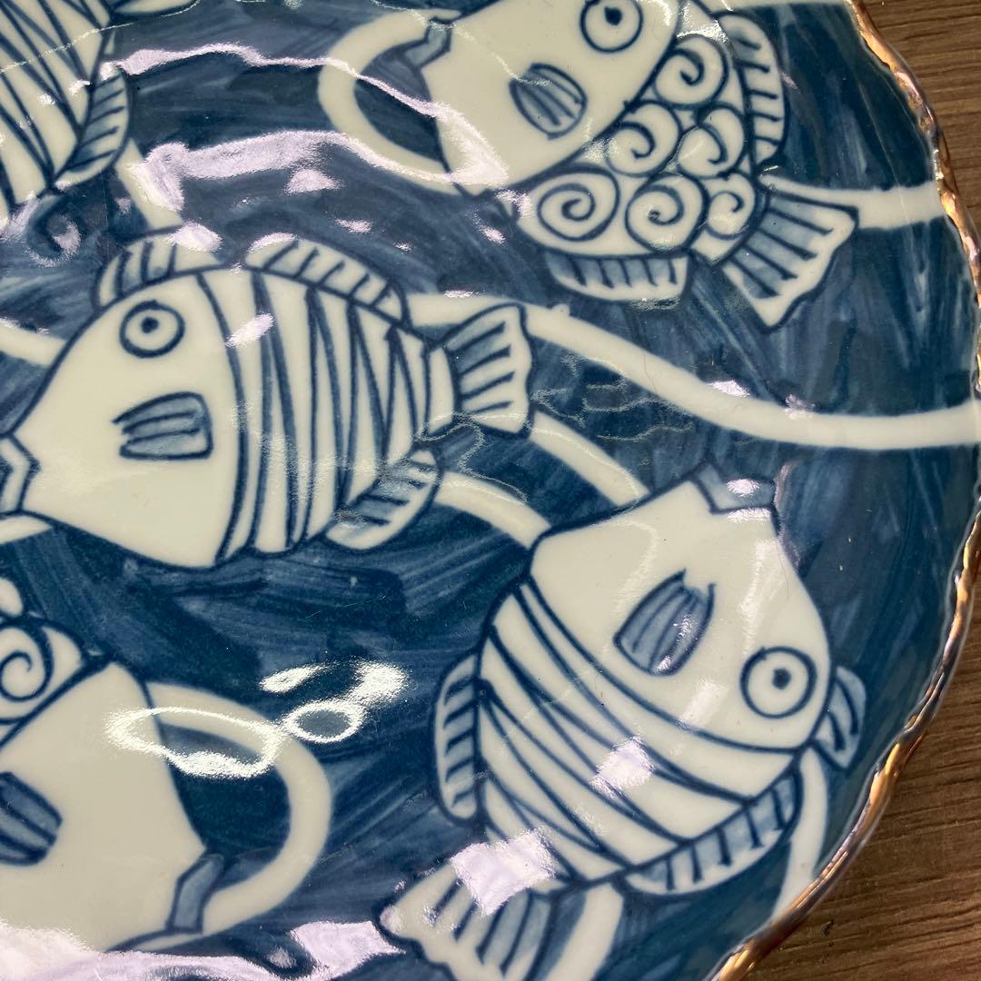 D-4 九谷焼 魚紋 中鉢 小皿 2点セット 青海波 縁起物 和食器 金彩 赤絵