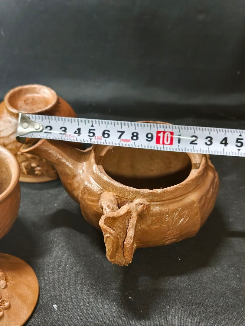 茶道具 田嶋萬古焼 勝三窯 田嶋勝三作 手捻蛙飾梅花文 横手急須+湯のみ 未使用