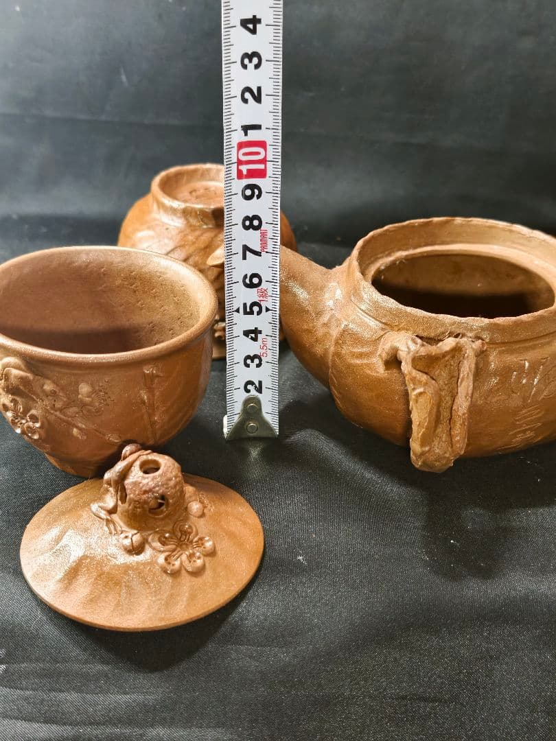 茶道具 田嶋萬古焼 勝三窯 田嶋勝三作 手捻蛙飾梅花文 横手急須+湯のみ 未使用