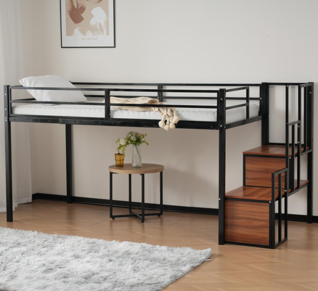 階段付きロフトベッド　シングルサイズ　ロータイプ　北欧風　おしゃれ　WHITE