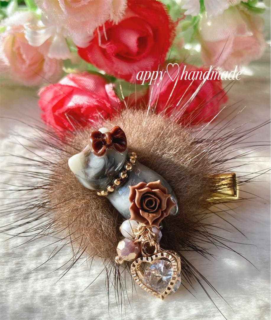 もふもふマーブルチョコにゃん✩♡ヘアクリップ✩.*˚