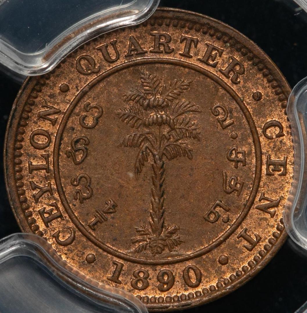極美品　PCGS-MS63RB　 セイロン　1890　ヴィクトリア　1/4C銅貨