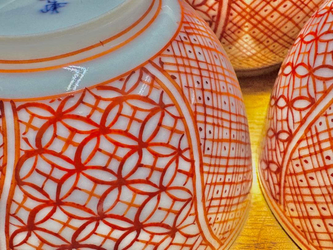 平安 竹峰　赤絵祥瑞　湯呑五客揃い