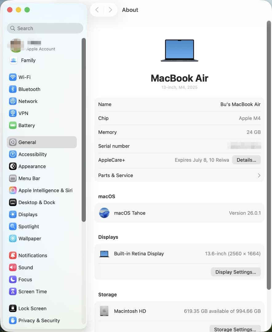 (AC+) MacBook Air 13.6 M4 24G 1T USキーボード