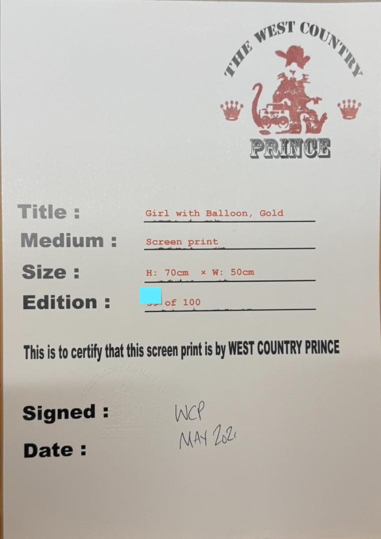 BANKSY Girl with Balloon GOLD WCP特別版 COA