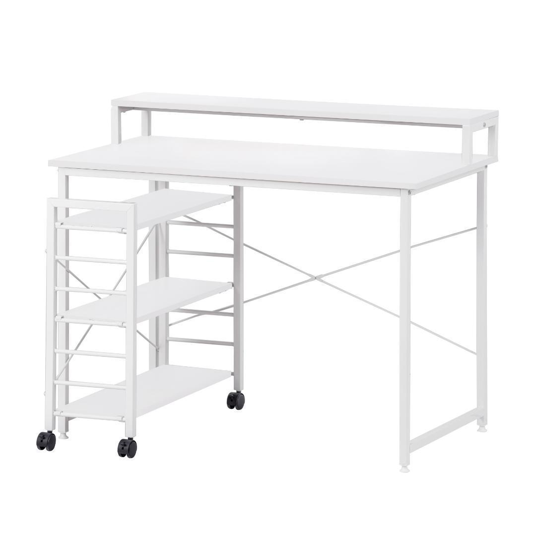 【ホワイト】パソコンデスク キャスター付きで移動可能ラック付きデスクワークデスク