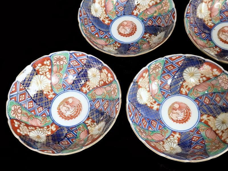 大聖寺伊万里　金襴手　奇玉宝鼎之珍　捻り菊皿　小膾皿４客　C856 AS-CEq