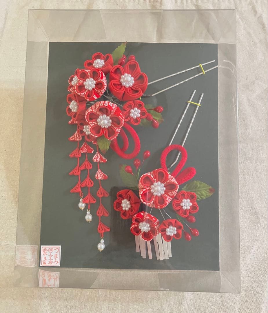 赤絞りの真っ赤なつまみ細工かんざし　成人式　卒業式　結婚式　アンティーク正絹生地