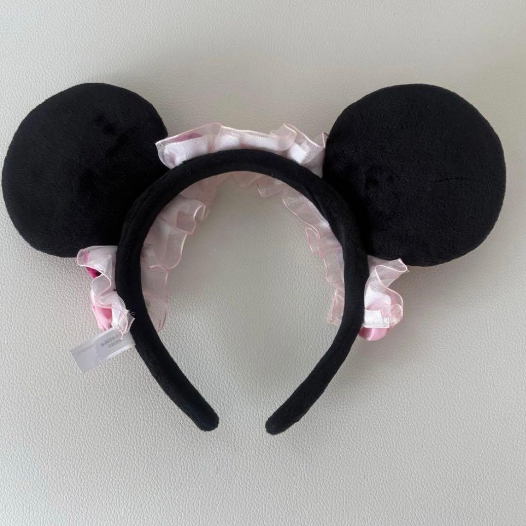 レア　ミニーマウスカチューシャ ピンクリボン レース 薔薇付き