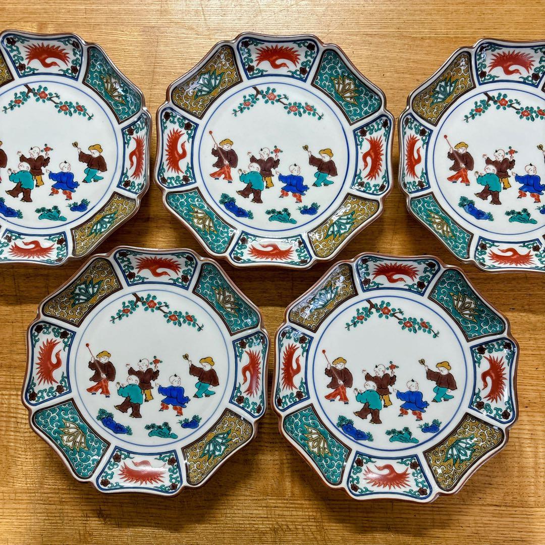 九谷焼　青郊窯　遊童図　唐子　中皿揃　6号皿揃　中皿　銘々皿　19cm