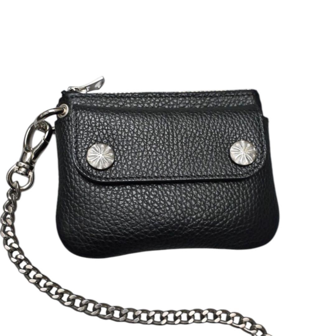 ブラックレザーミニ財布 チェーン付き