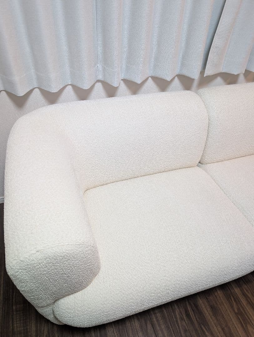 韓国インテリア風✨ ブークレ ローソファー 2人掛け ホワイト クッション付き