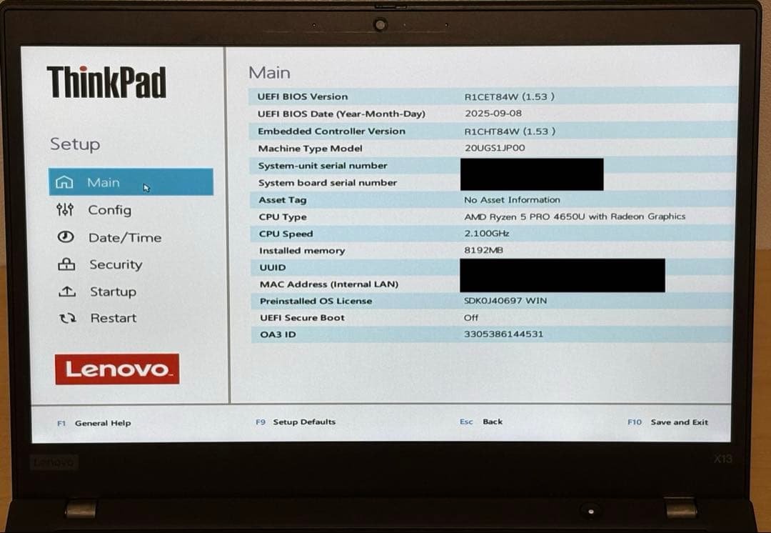 Windowsノート本体 ThinkPad X13 Gen1 (Ryzen5/8GB/256GB/FHD)