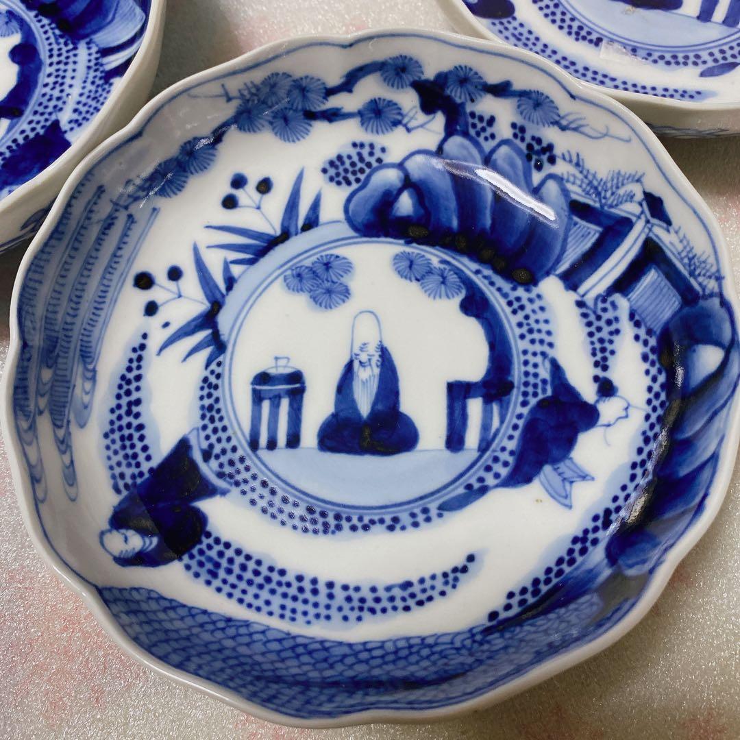 中国明中期　大明成化年製　青花　染付　賢人図　中鉢　5個　湯吞み　和食器　骨董