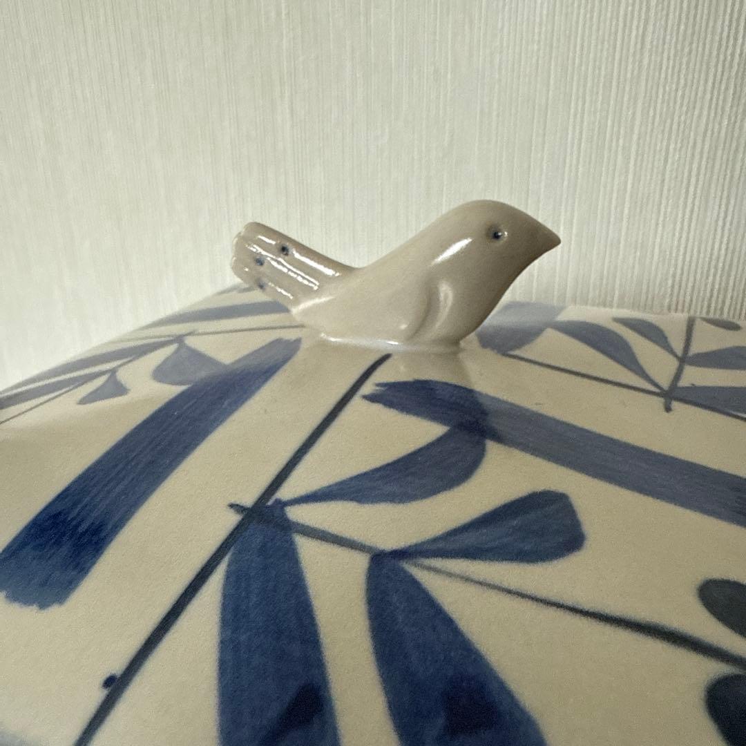 【美品】砥部焼 草文 ブレッドケース 正方形 鳥