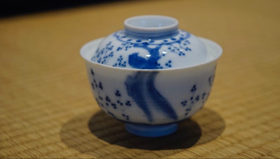 明治時代 染付 花鳥文 蓋茶碗 8客 箱付 懐石料理道具