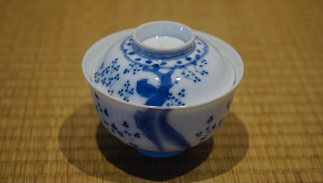 明治時代 染付 花鳥文 蓋茶碗 8客 箱付 懐石料理道具