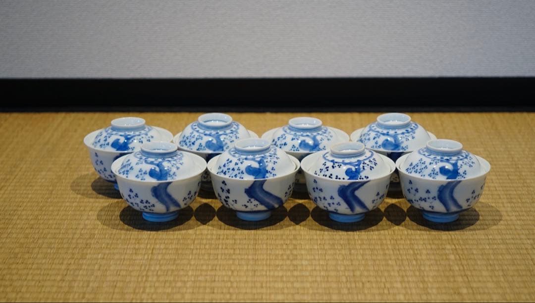 明治時代 染付 花鳥文 蓋茶碗 8客 箱付 懐石料理道具