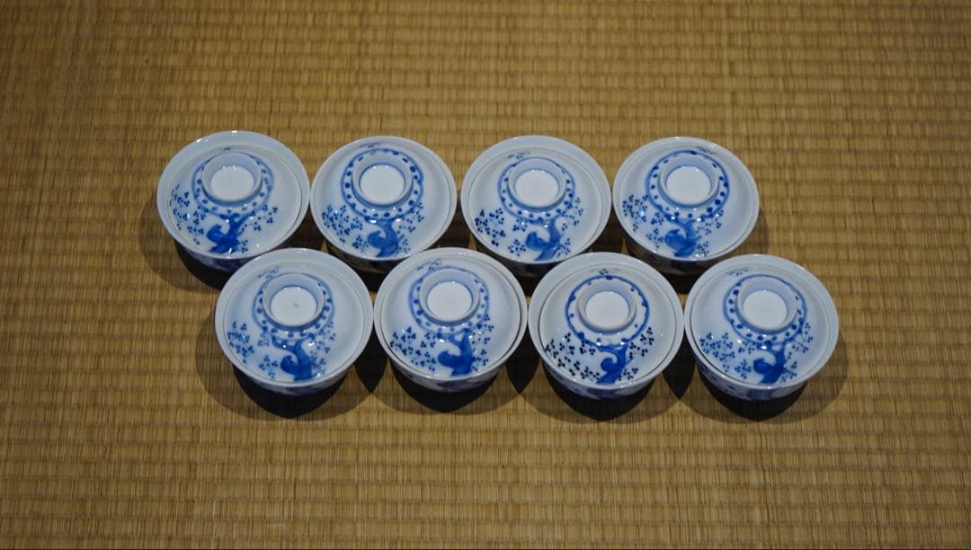 明治時代 染付 花鳥文 蓋茶碗 8客 箱付 懐石料理道具