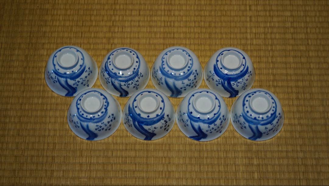 明治時代 染付 花鳥文 蓋茶碗 8客 箱付 懐石料理道具
