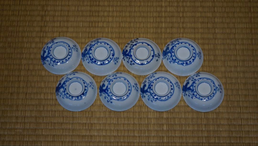 明治時代 染付 花鳥文 蓋茶碗 8客 箱付 懐石料理道具