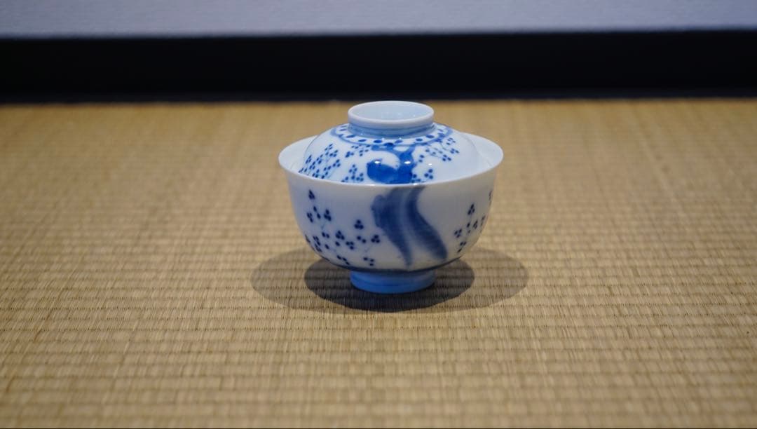 明治時代 染付 花鳥文 蓋茶碗 8客 箱付 懐石料理道具