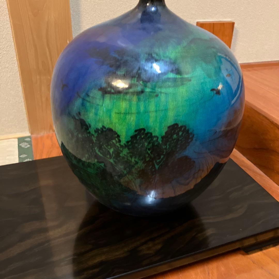 青緑色の風景陶器花瓶　　作家物　清水焼