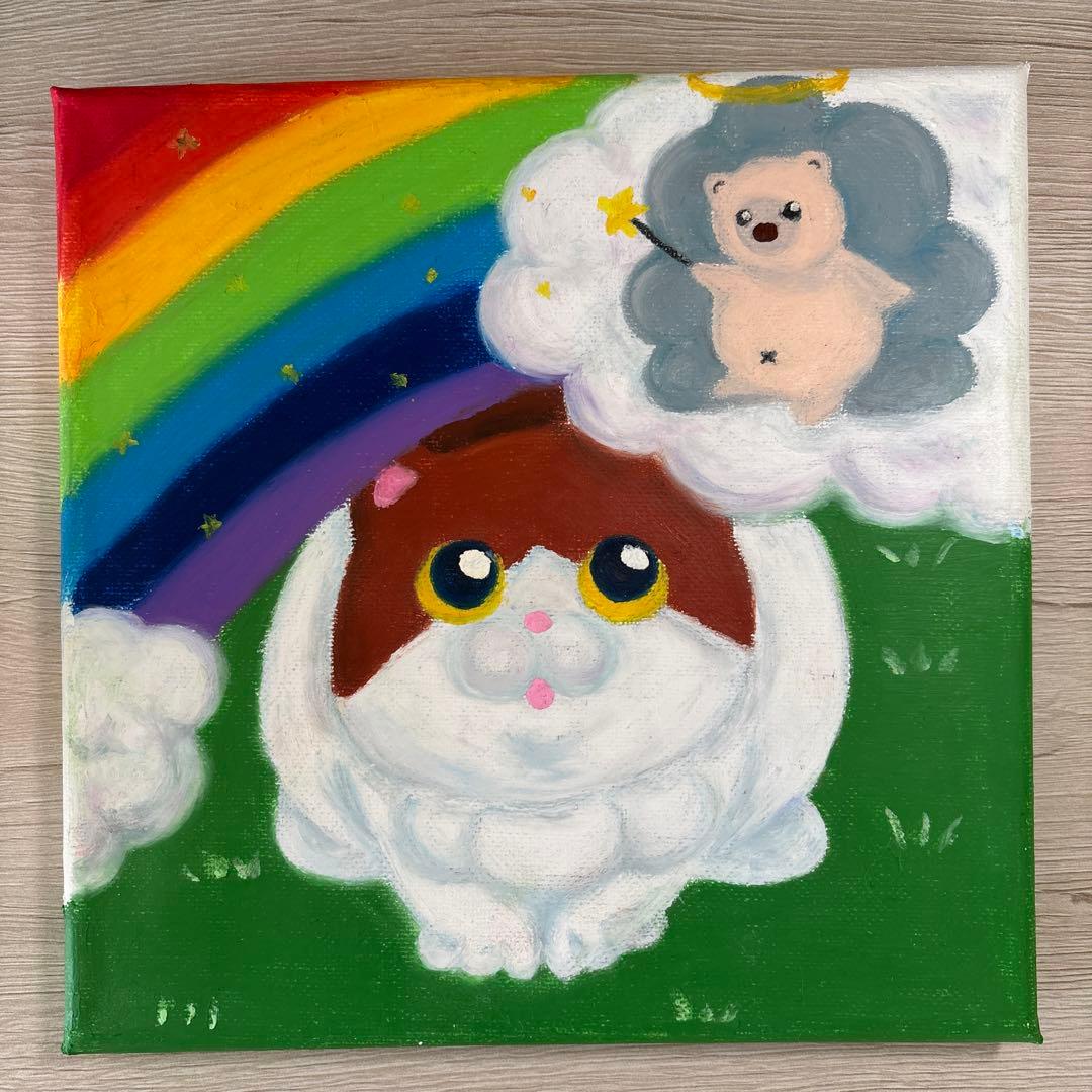 ゆるねこ原画　キャンバスボード　オイルパステル　「お空の上からプレゼント」