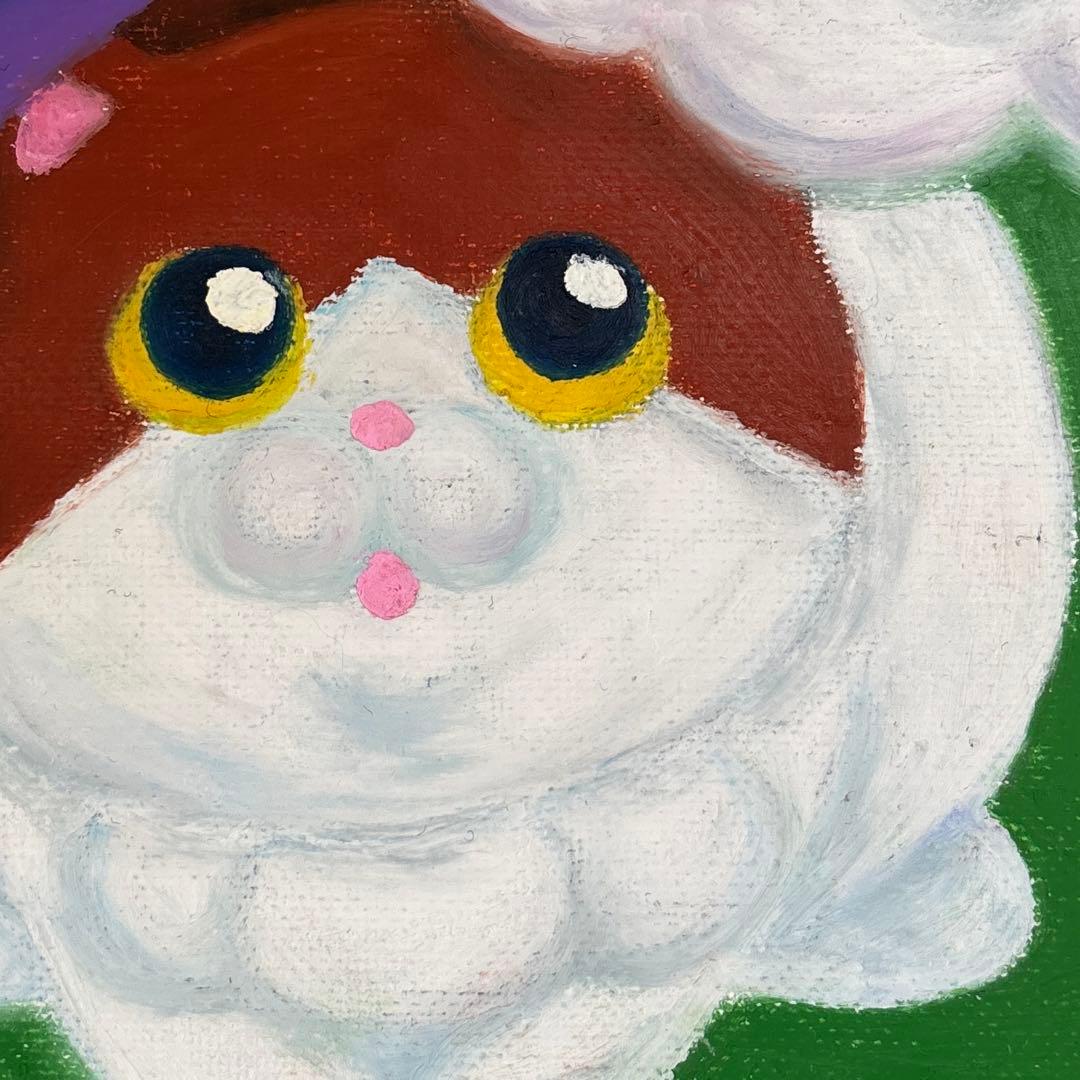 ゆるねこ原画　キャンバスボード　オイルパステル　「お空の上からプレゼント」