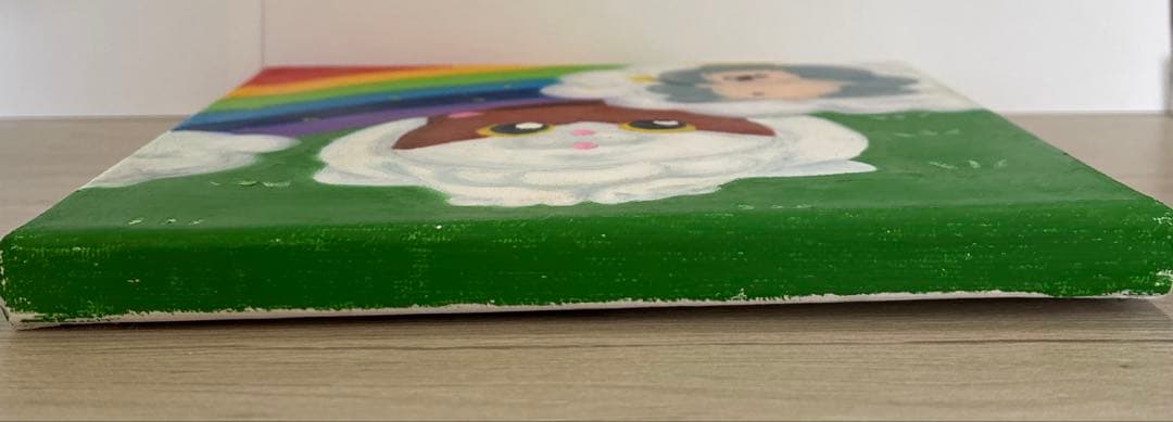 ゆるねこ原画　キャンバスボード　オイルパステル　「お空の上からプレゼント」