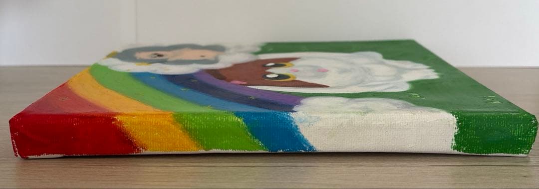 ゆるねこ原画　キャンバスボード　オイルパステル　「お空の上からプレゼント」