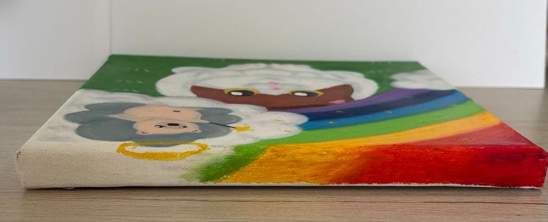 ゆるねこ原画　キャンバスボード　オイルパステル　「お空の上からプレゼント」